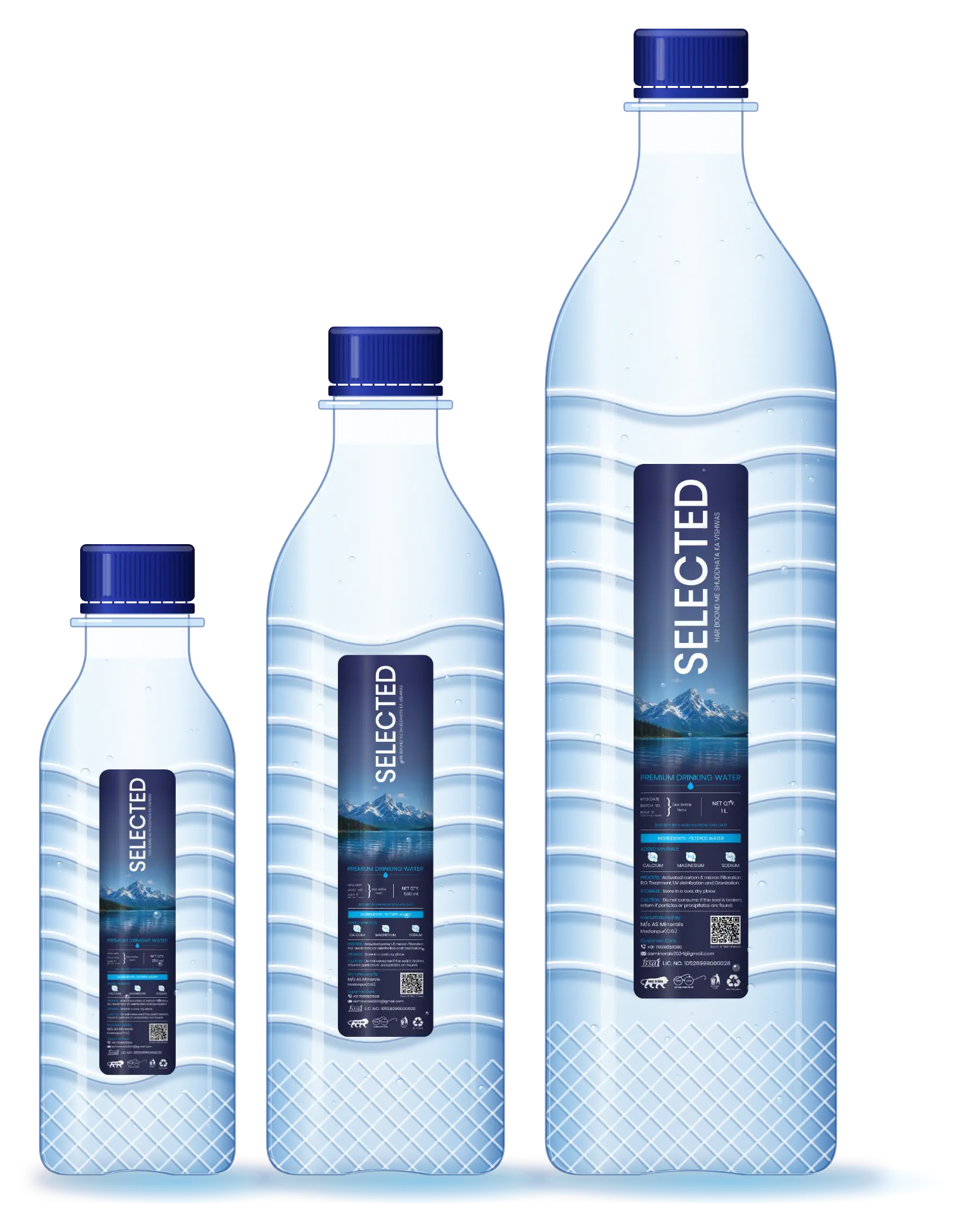 SELECTED 250 ml, 500 ml and 1 L bottles