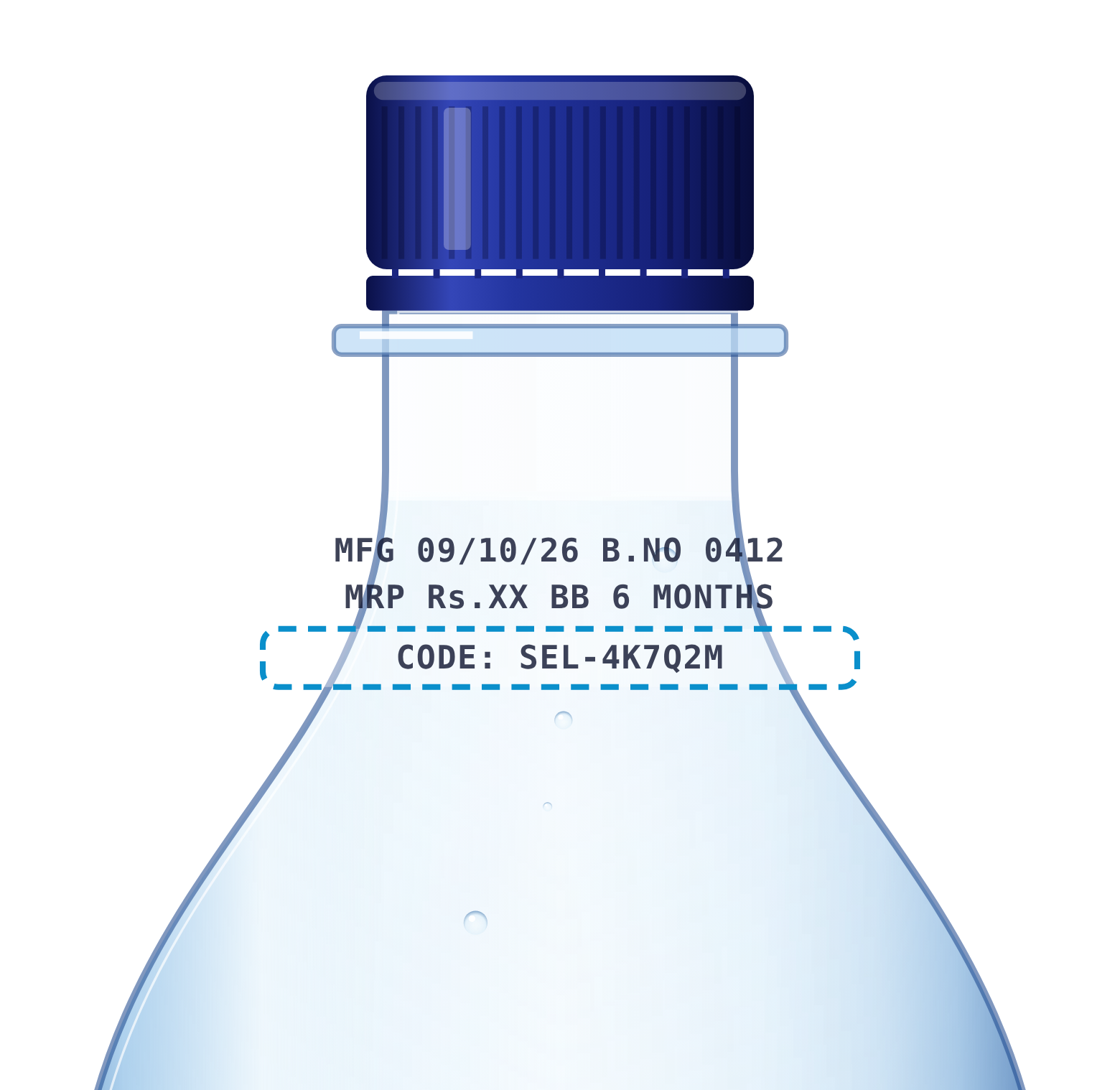 Batch, MFG date and unique code printed on the bottle neck